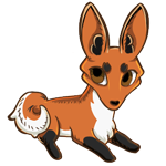 Modeled after a red fox with an orange base, black socks markings, and a white belly.