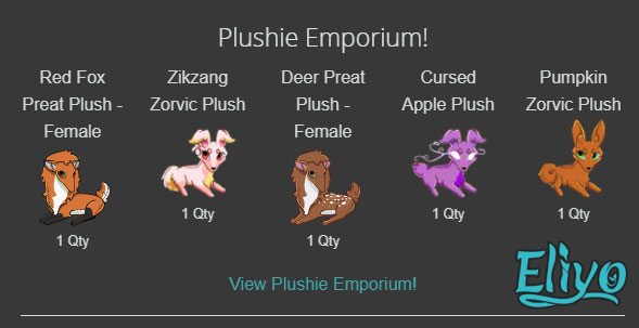 Plushie Emporium label with 5 different ones showing.