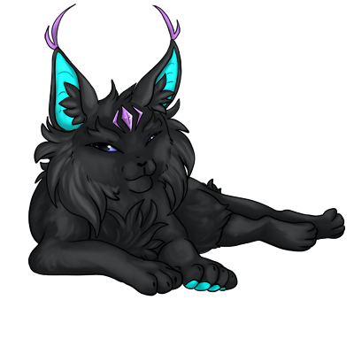 Dark nyrin with cyan blue inner ear and purple gems. Has fluffy face ears with tips and a short tail.