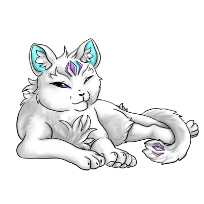 White nyrin with a smooth face, round ears, and long tail. Looks pretty content with purple gems and cyan inner ear.