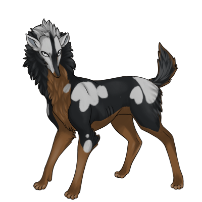 Brown Preat with black husky and gray patches overtop.