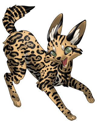 Happy Zorvic with natural ocelot colors. Tan, cream belly, black spots, and green eyes.