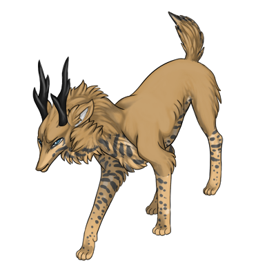 Tan preat in an aggressive fighting stance. Has husky over the dark ocelot in a similar color to the tan base.