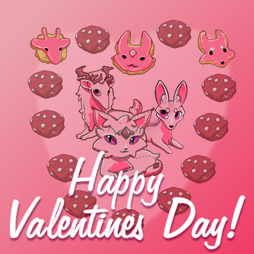 Pink Valentines Plushies surrounded by Pink and velvet cookies arranged in a heart shape with gradient background.