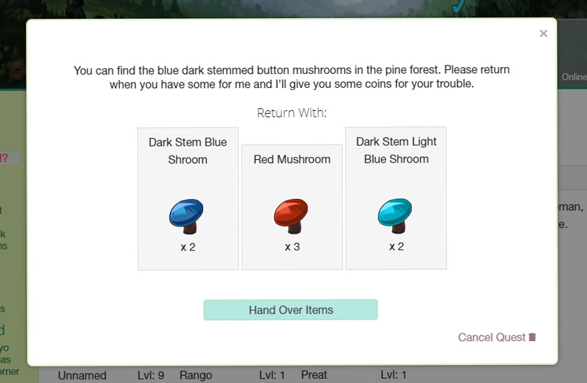 Currently active mushroom quest with 3 dark stem mushrooms shown.
