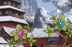Snowy village with some different colored yokios on top