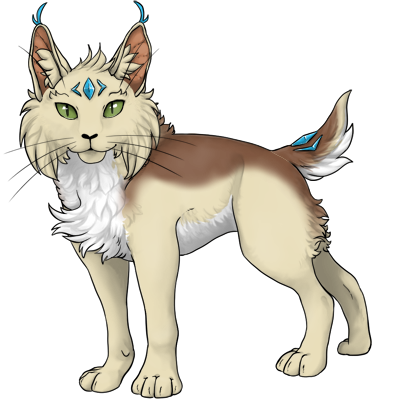 Cream colored cat creature with pointy ears, blue gem stones and green eyes.