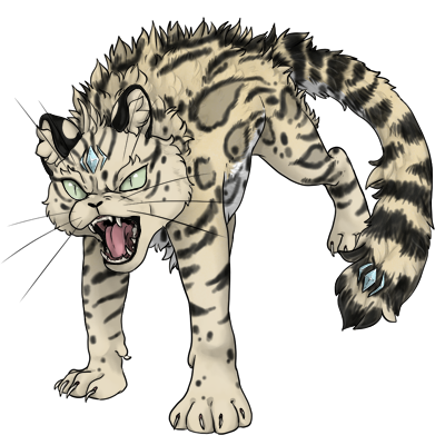 Cream colored cat creature with black ocelot marking on it's body. It's standing aggressive with mouth open and teeth barred.