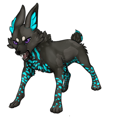 Dark color zorvic with blue ocelot patterning covered by black husky ready for a fight, teeth barred. Bright attractive purple eyes.