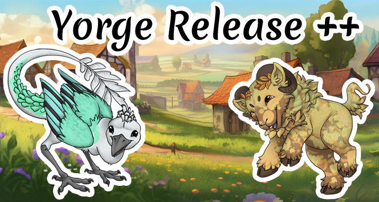 Yorge Release plus plus, a happy white bird creature on the left with green back feathers, and a happy ram type creature on right with orange coloring and some muted greens. The background has a farm town with vibrant greens and flowers.